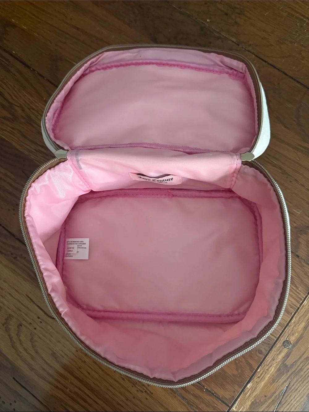 Juicy Couture pink and gold zippered train case cosmetic makeup bag